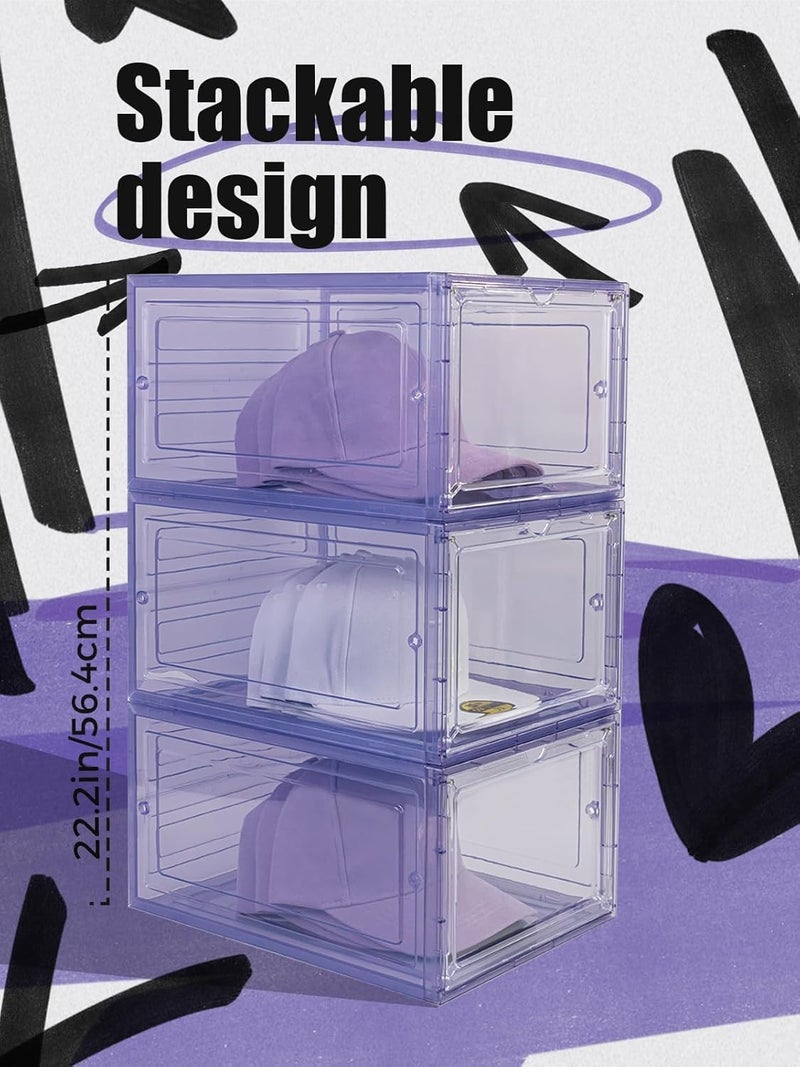 SCAVATA 6 Pack Hat Organizer Box, Stackable Clear Baseball Caps Holder Box Containers with Magnetic Door for Hats Snapback Cap Storag, Hat Rack Display Case, Holds 8 Hats Each (Purple) - Image 3